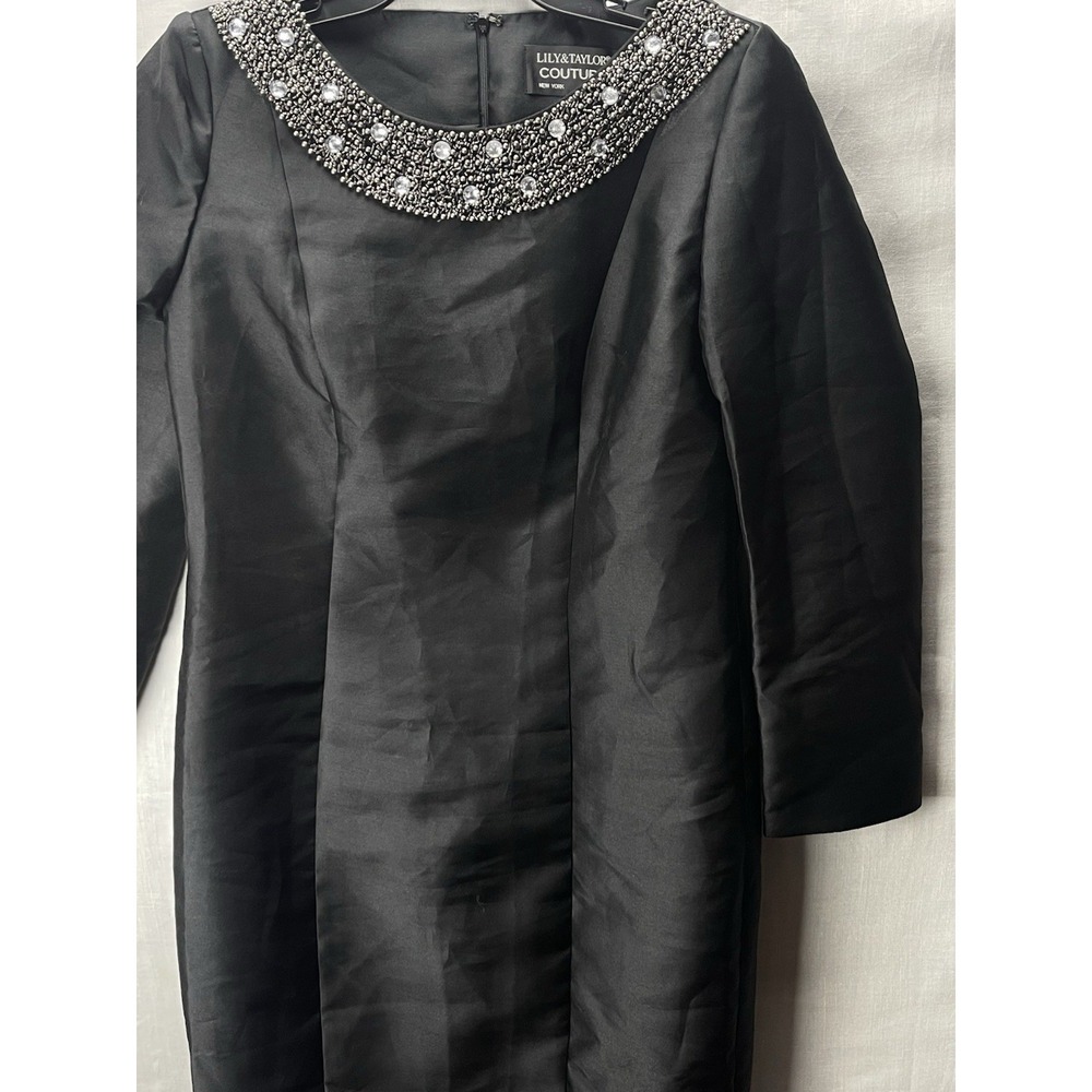 Lily & Taylor Couture Black Beaded Rhinestone Neckline Sheath Cocktail Dress 8